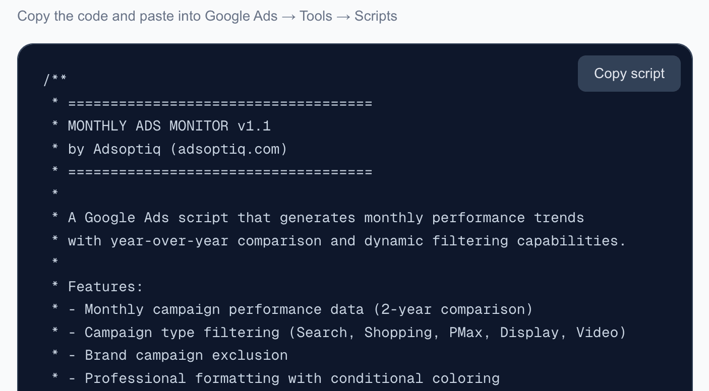 Monthly Ads Monitor — YoY monthly performance dashboard in Google Sheets